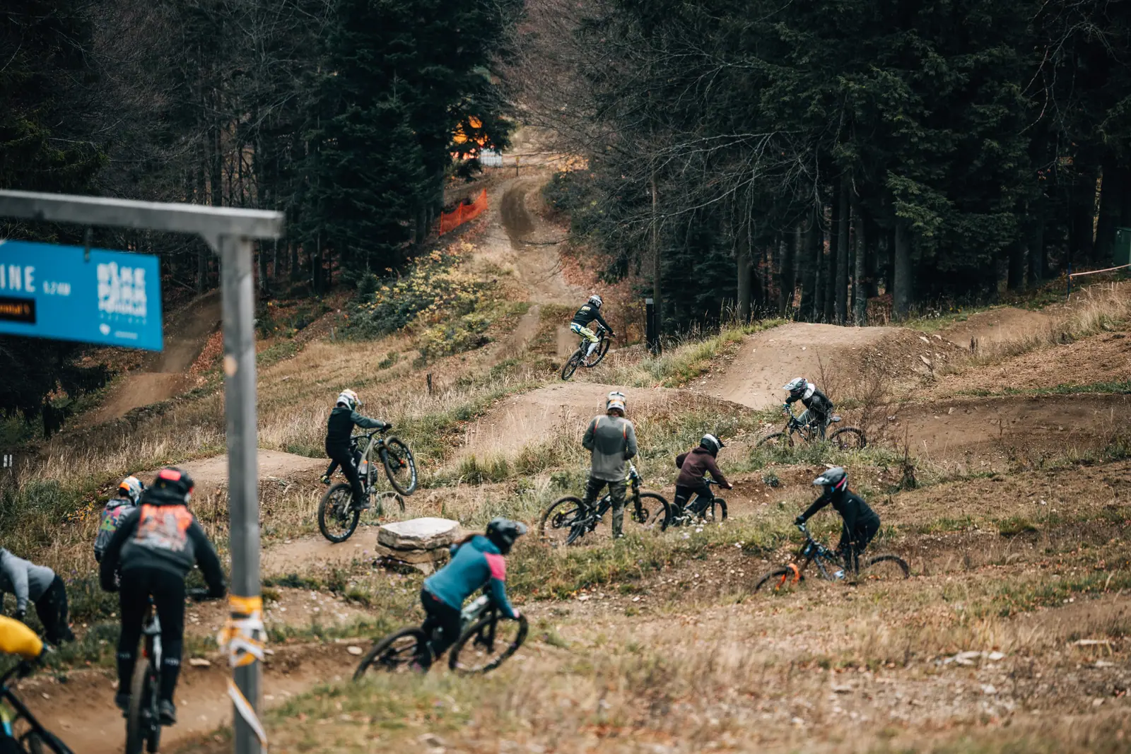 Skupina gorskih kolesarjev se spušča po gozdnem trailu med treningom